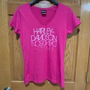 HARLEY-DAVIDSON Women's M Pink V-Neck Short Sleeve Fargo ND Shirt T-Shirt EUC